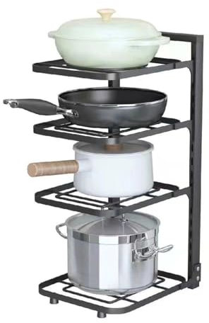 Felenny 4-Tier Pots and Pans Organiser Rack Adjustable Pot Rack Free Standing Pot and Pan Rack Organizer Cabinet Under Sink Pot Pan Rack, Baking Tray Storage and Organiser, Black