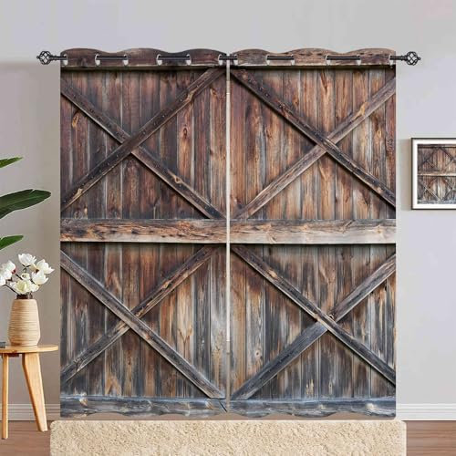 ANHOPE Bauernhaus Retro Holz Tür Verdunklungsvorhänge mit Ösen Blickdichte Gardinen Blackout Curtain Thermo Vorhänge Weich Schlafzimmer Wohnzimmer Vorhang 2er Set H 245 x B 200 cm