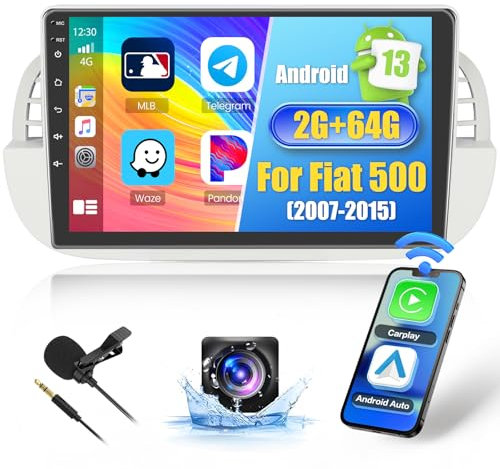 Hikity 2+64G Android Autoradio für FIAT 500 500C 2007-2015 Wireless Carplay Android Auto, 9 Zoll Autoradio mit Bildschirm Navi Bluetooth EQ FM/RDS USB Rückfahrkam
