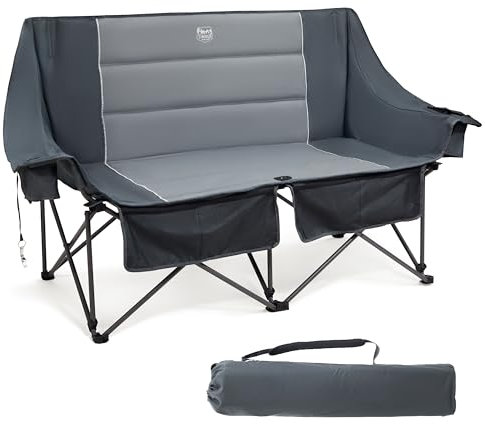 TIMBER RIDGE Double Camping Chair for Adults, Folding Padded 320kg Camping Sofa 2 Seater with Cup Holder & Bottle Opener, Heavy Duty Oversized Outdoor Love Seat Camp Couch for Garden Picnic, Grey