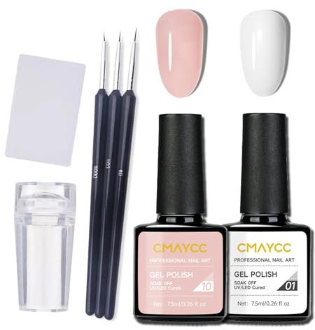 French Manicure Set, Nude and White UV Gel Nail Polish, 2 Piece French Tip Jelly Gel Nail Polish Set with Nail Stamp and Nail Art Brush, UV/LED Light Curing, Women's Nail Polish Set