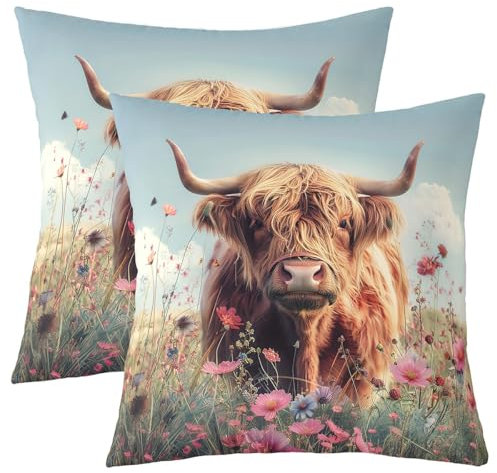 Loussiesd Hochland Kuh Kissenbezüge 40x40cm 2er Set Kissenbezüge Floral Highland Rinder Dekokissen Western Funny Tier Kissenhülle für Home Sofa Bett Couch Wildlife Farmhouse Kuh Kissenbezug