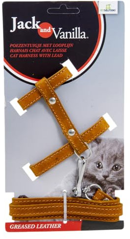 JACK AND VANILLA, Katzengeschirr aus Fettleder mit Leine, verstellbar für optimalen Komfort, Elegantes Cognac-Design, Größe 10 x 100 cm, Ledermodell, Zubehör