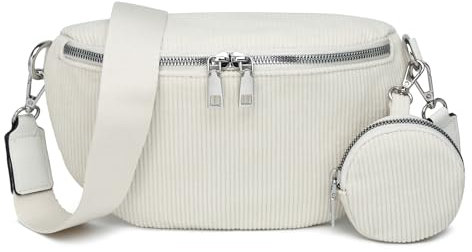 Travistar Bauchtasche Damen Cord Crossbody Bag Damen mit Breiter Gurt Geldbörse Kreditkartenfächer Klein Umhängetasche Damen Gürteltasche Brusttasche Damen Hüfttasche für Frauen Cremeweiß