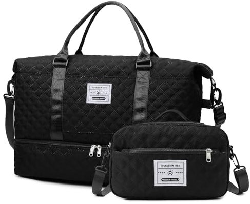 Outplea Grand Sac de Voyage 55L Femme Fille, Sac Valise avec Poche Humide, Sac de Transport Sac Weekend avec Compartiments à Chaussures, Sac à Main avec Trousse de Toilette pour Natation, Noir