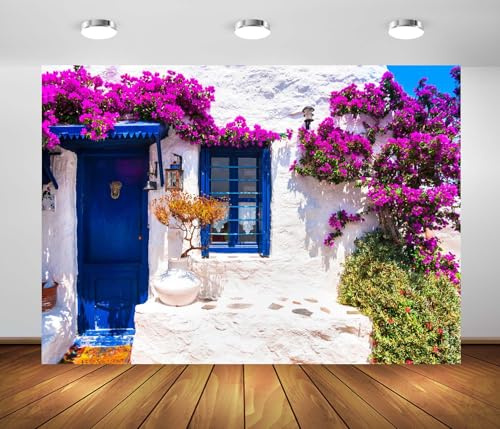 BELECO 2.1x1.5m Stoffkulisse Griechisches Motiv Weiße Häuser mit blauen Türfenstern Blühende Blumen Griechische Inselkulisse Griechenland-Mottoparty Dekoration Banner Fotoshooting Studio Requisiten