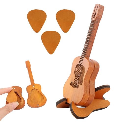 Wooden Guitar Picks Box with Stand,Acoustic Guitar Pick Case with 3 Wood Guitar Picks Guitar Pick Storage Container Guitar Pick Rack for Guitar Ukulele Bass Players