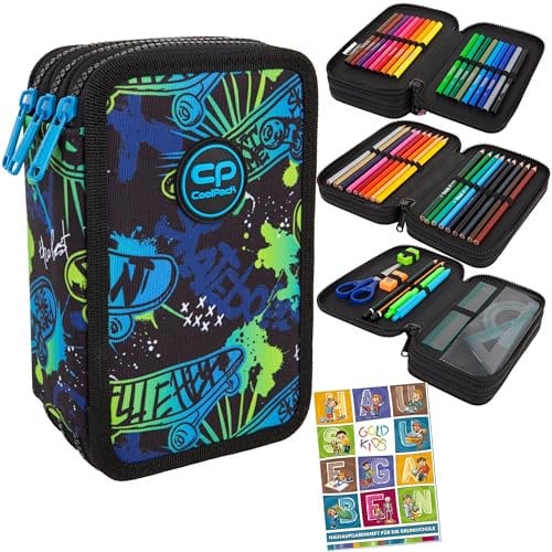 Goldkids - Federmäppchen 3 Fächer - Mäppchen für Mädchen und Jungen - Federmappe 3-Fach Federtasche Gefüllte Schüleretui Schulmäppchen und Hausaufgabenheft - Skate Night Motiv