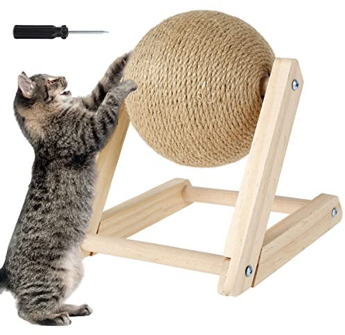 Foppla Griffoir pour chat en sisal naturel avec herbe à chat interactive en bois massif 17,8 x 17,8 x 16,3 cm avec balle rotative pour chats