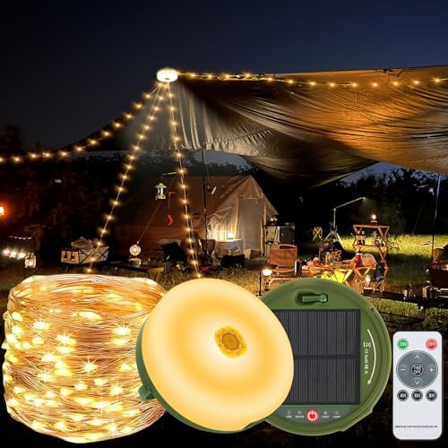 Exsivemy Camping Lichterkette, 22M Camping Lichterkette Aufrollbar Solar, 3600mAh Campinglampe mit Fernbedienung, USB Wiederaufladbare, 8 Beleuchtungsmodi Wasserdichte Ausziehbare Lichterkette Camping