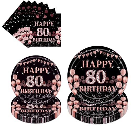 80th Birthday Party Tableware Women - 96 Pcs Rose Gold Black Party Paper Plates and Napkins Decorations Tableware Set for Women Her 80 Year Old Happy Birthday Table Decoration Supplies