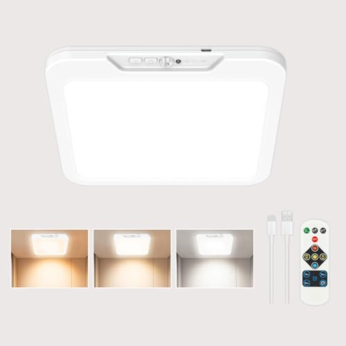 Motion Sensor Ceiling Light, Magnetic Mount, 3 Color Temperature Remote Control, 400LM Rechargeable Battery Operated for Closet Bathroom Porch Garage Stairs Kitchen Indoor Lighting (White, 2 Pack)
