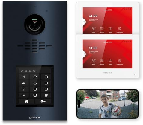 Metzler visiophone complet pour 1 à 500 logements - LAN/POE - interphone avec écran tactile IPS et 2 moniteurs intérieurs en kit, anthracite en acier inoxydable V2A | VDM10 2.0 Horizon