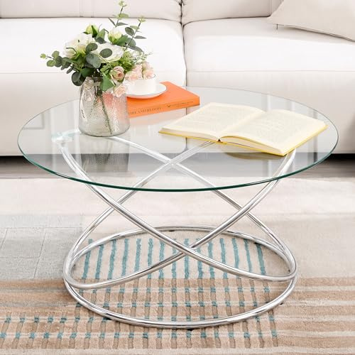 Bekrvio couchtisch rund,Wohnzimmertisch mit Silber Metall Bein,glastisch Wohnzimmer,Coffee Table für Wohnzimmer Schlafzimmer Arbeitszimmer