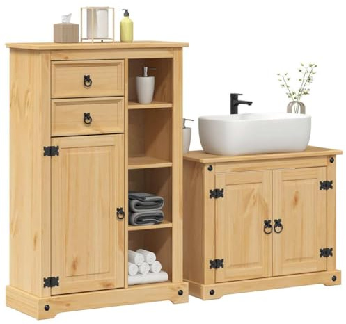 Holamys 2-teiliges Badmöbel-Set Corona, Massivholz Kiefer Honigwachs-Finish, 73 x 33 x 60 cm Waschbeckenunterschrank, 70 x 33 x 110 cm Badezimmerschrank, reichlich Stauraum für Ihr Badezimmer