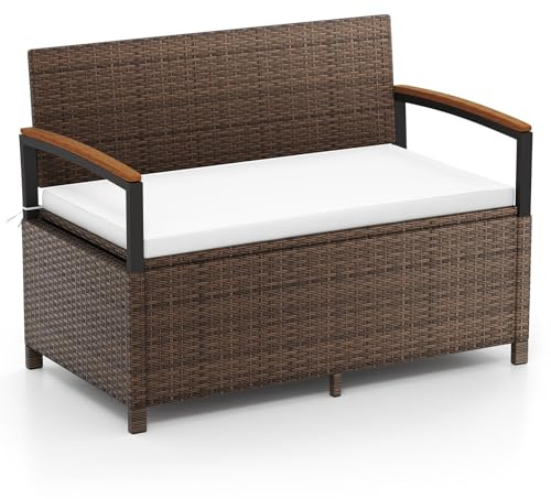 COSTWAY 2 Seater Garden Storage Bench, PE Rattan Deck Box Seat with 150L/170L Box and Padded Cushion, Wicker Outdoor Loveseat Park Bench Chair (Mix Brown, 120 × 61 × 84 cm)