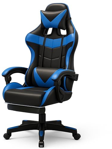 Retoo Gaming Stuhl, Ergonomischer Bürostuhl mit Fußstütze, Verstellbare Rückenlehne, Kopfkissen, Lendenkissen, Höhenverstellbar, Kunstleder, Drehstuhl bis 150 kg für Gaming Home Office, Schwarz-Blau