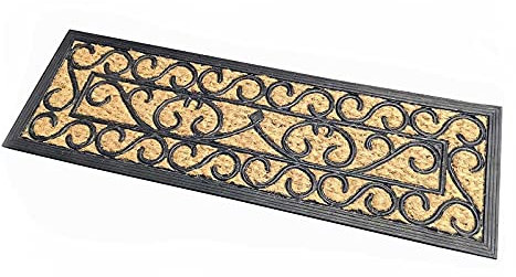 HOMESCAPES Door Mat Scroll Design 100% Natural Coir 25 x 75 cm with Rubber Non-Slip Back Indoor and Outdoor Doormat