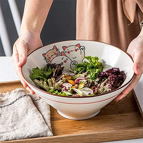 Large Soup Ramen Noodle Bowl Fruit Salad Pasta Mixing Serving Bowl Creative Ceramic Hand Painted Cats Tableware Microwave Safe (Size : 9 inches)