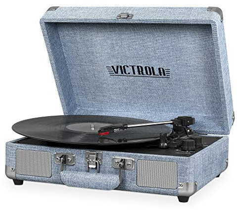 Victrola Journey - Tocadiscos portátil de maleta con Bluetooth, altavoces integrados, reproductor de discos de vinilo de 3 velocidades, salida RCA, conector para auriculares (lino azul mezclilla claro