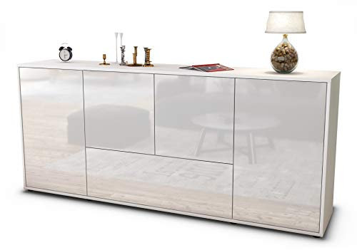 Stil.Zeit Sideboard Eli, Korpus Weiss matt, Front Hochglanz Weiß (180x79x35cm) Push-to-Open Technik
