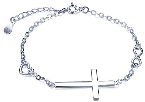 INFINIONLY Klassisch Kreuz Unendlichkeit Symbol Armband, 925 Sterling Silber Armkette, Verstellbar Herz-Armband, Silber, Weihnachten Geburtstag geschenk