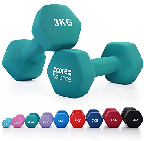 Core Balance 3kg Dumbbell Pair Hex Weight Neoprene Coated Cast Iron Strength Training (Teal)