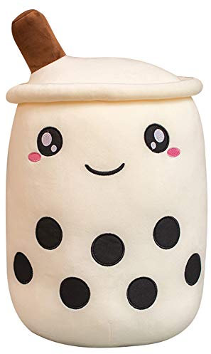 ISAKEN Cute Cartoon Milk Tea Cup Plush Toy, Bubble Tea Cup Shaped Pillow, Stress Reliever & Decorative Cushion, Unisex, White, 24CM