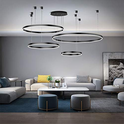 FUMIMID LED Pendellampe Wohnzimmerlampe Pendelleuchte Dimmbar Mit Fernbedienung Kronleuchter Moderne Esstischlampe Aluminium Runde Acryl Beleuchtung Deckenleuchte,Schwarz,4laps40+60+80+100cm