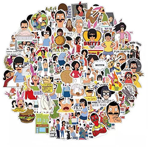 Cartoon Bob's Burgers Aufkleber für Laptop(100 PCS),Geschenk für Kinder Teens Erwachsene Jungen,wasserdichte Bobs Burgers Aufkleber für Wasserflaschen,Vinyl Stickers für Scrapbook,Skateboard