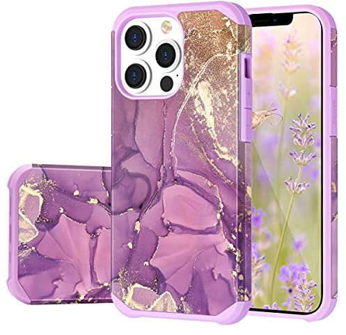 Fingic for iPhone 13 Pro Case,iPhone 13 Pro Phone Case Marble Slim 2 in 1 Girly Hard PC Soft TPU Hybrid Protective Shockproof Anti Scratch Rugged Bumper Phone Cover Case for iPhone 13 Pro,6.1,Purple