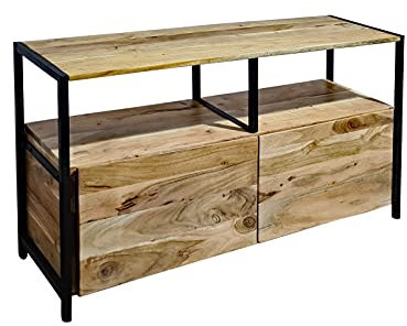 SAM Sideboard Nagar 3, Akazienholz massiv & naturfarben, Kommode mit Zwei Holztüren & offener Regalebene, Metallrahmen, 110 x 35 x 65 cm, Industrial-Design