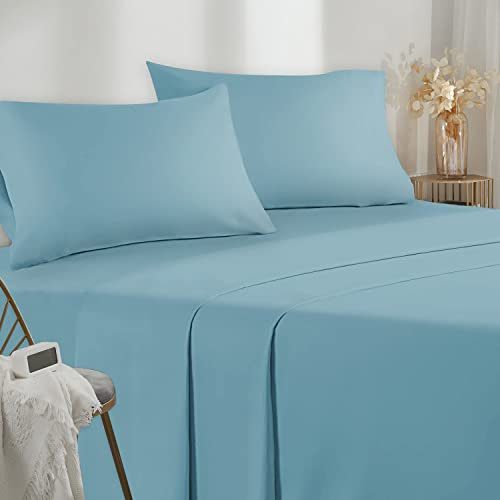 Sabanas Cama 160 - Juego Sábanas 4 Piezas - Sábanas Bajera Ajustable - Encimera - 2 Funda de Almohada 50x80 (Cama 160-160x190/200 cm, Azúl Claro)