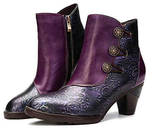 CrazycatZ Bottines en cuir pour femme, bottes vintage en cuir coloré, violet, 40 EU