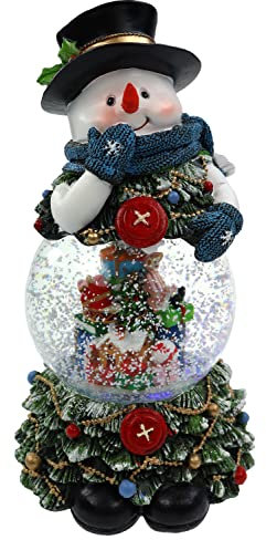 Schneekugel/Spieluhr 100mm, Schneemann und geschmückter Tannenbaum, Licht, Schneeantrieb, 23cm
