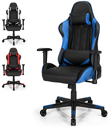GOPLUS Chaise Gaming, Fauteuil Gamer Ergonomique avec Dossier/Siège/Accoudoirs Réglables, Chaise de Bureau Rotative avec Appui-tête et Oreiller Lombaire, Base à 5 Griffes Robuste (Noir et Bleu)