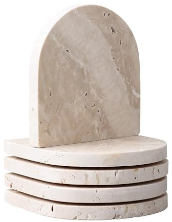 WORHE Travertin Untersetzer/Travertin Seifenmatte mit gerollten Kanten und Filzboden,Beige -Marmorset 5-Stüc,Untersetzer für Ihre Getränke, Getränke & Wein(DL020)