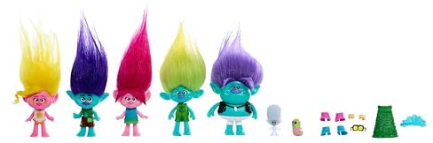 Mattel DREAMWORKS TROLLS Gemeinsam Stark - Haarige Überraschung Set mit 7 beliebten Figuren, inklusive Königin Poppy, Viva, Branch, Clay, Spruce Bruce, Mr. Dinkles und Tiny Diamond, HPW78