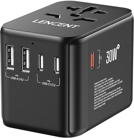 LENCENT Adaptateur Voyage GaN III 30W Prise Universelle Chargeur International avec 2 USB et 3 Charge Rapide USB-C PD, Prise France vers USA Canada UK Australie Chine Japon Type A/C/G/I