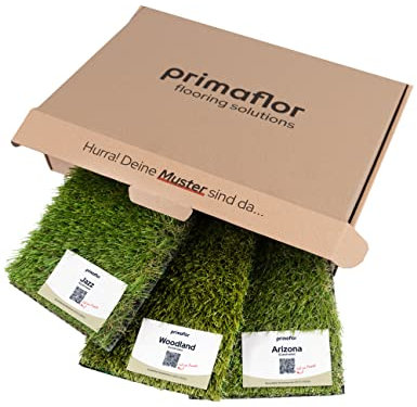 Primaflor Kunstrasen Muster-Box - PREMIUM, 3 Muster je 15x20 cm, UV-Beständiger, Wasserdurchlässiger, Rasenteppich, Outdoor Bodenbelag, Kunstgras für Garten, Terrasse und Balkon