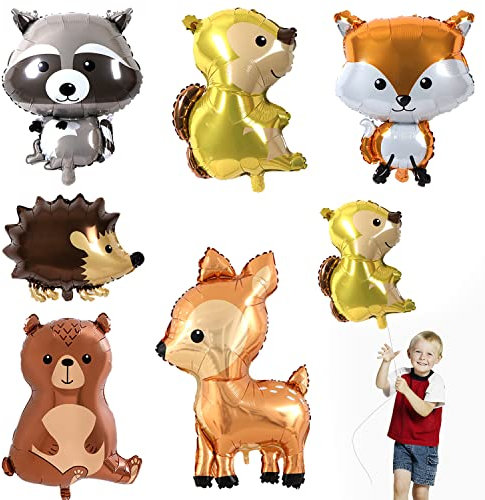 Folienballon Waldtiere, 6 Stück Tierkopf Riesenballon, Fuchs, Waschbär, Eichhörnchen, Bär, Hirsch, Igel Luftballon, Helium Ballons Tiere für Kinder Geburtstag, Babyparty, Party Dekorationen, Geschenk