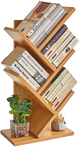 YMYNY 4 Tier Tree Bookshelf, Small Bookcase, Modern Wood Book Storage Rack, Freestanding Book Shelf for Books/Movies/CDs, Narrow Display Rack for Living Room, Home Office, Natural HBC014N