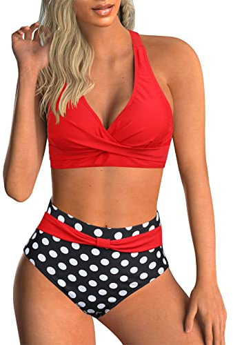 Adigaber Women's Two Piece Swimsuits Criss Cross Top Bikini High Waisted Bottom Tummy Control Bathing Suits Vintage Print Swimwear