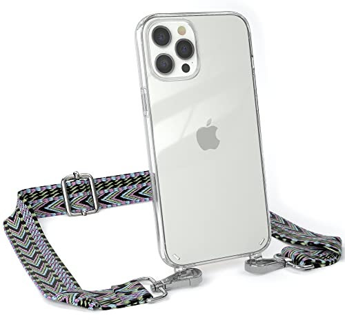 EAZY CASE Handykette - Verstellbarer Trageriemen kompatibel mit iPhone 12 Pro Max, Schulterriemen, dünner Riemen, Handykordel mit Hülle, Schultertasche, Violett/Grün - Clip Silber