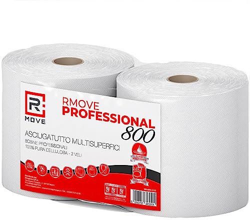 R MOVE 2 Rotoli Carta Asciugatutto 1,7kg Totali, 900 strappi, Lunga Durata Extra Resistente, Bobina carta asciugatutto 2 veli Pura Cellulosa Rotoloni asciugatutto, carta assorbente da cucina