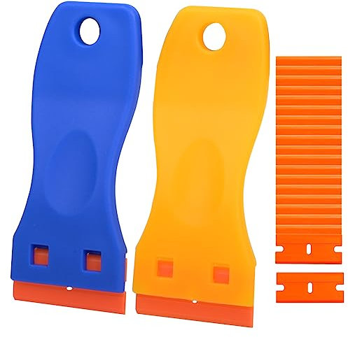 YEHOLDING Juego de 2 escobillas de plástico, escobilla de limpieza con 20 hojas de plástico, rasqueta vitroceramica, práctica rascador vitroceramica Para quitar etiquetas, pegamentos