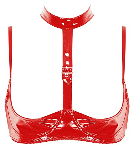 Zaldita Womens Lingerie Wet Look Patent Leather Buckled Halter Neck Wire-Free No Pad Quarter Cup Bra Top Red S