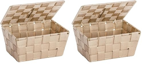 WENKO Aufbewahrungskorb mit Deckel Adria Beige - Badkorb, Polypropylen, 19 x 10 x 14 cm, Beige (Packung mit 2)