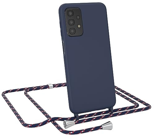 EAZY CASE - Hülle mit Kette - kompatibel mit Samsung Galaxy A23 5G Schutzhülle Kordel zum Umhängen,Umhängen Necklace, TPU Silikon Case, Blau mit Band Navy Camouflage Verschluss Silber