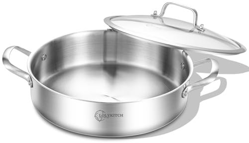 LOLYKITCH 30 CM Tri-Ply Stainless Steel 5.5 L Sauté Pan with Lid,Jumbo Cooker,Induction Cooking Pot,Heavy Duty and Oven Safe